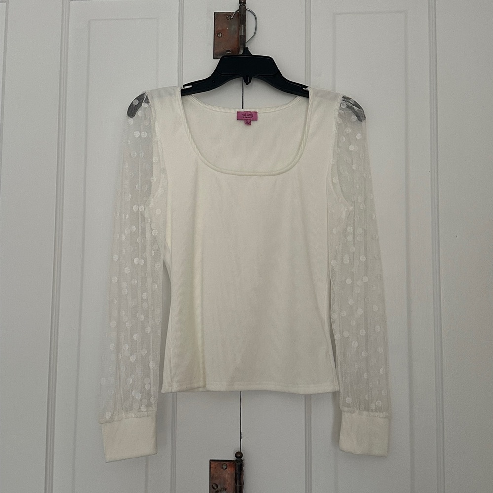 White long sleeve blouse with sheer polka dot sleeve • size M